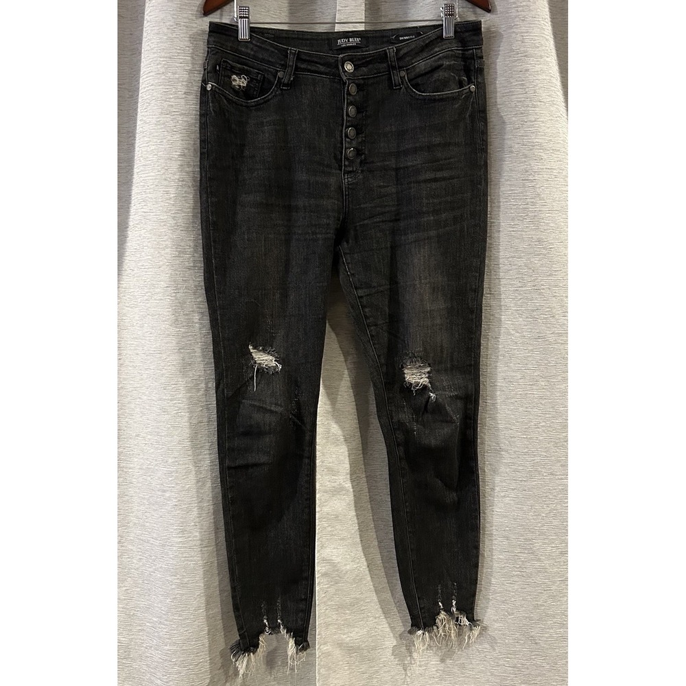 Women's Judy Blue Black Skinny Fit Button Fly‎ Distressed Raw Hem Jeans Size 11